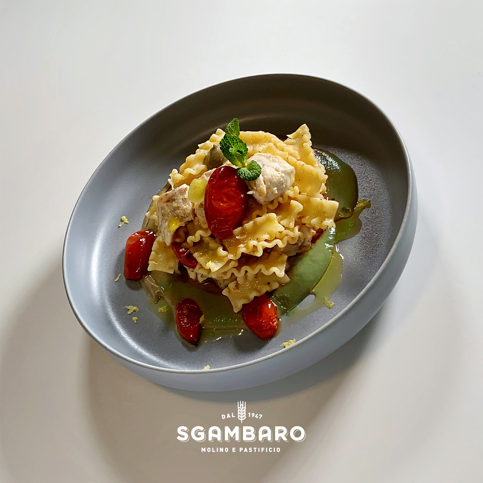 Reginette Sgambaro con crema di carciofi e branzino