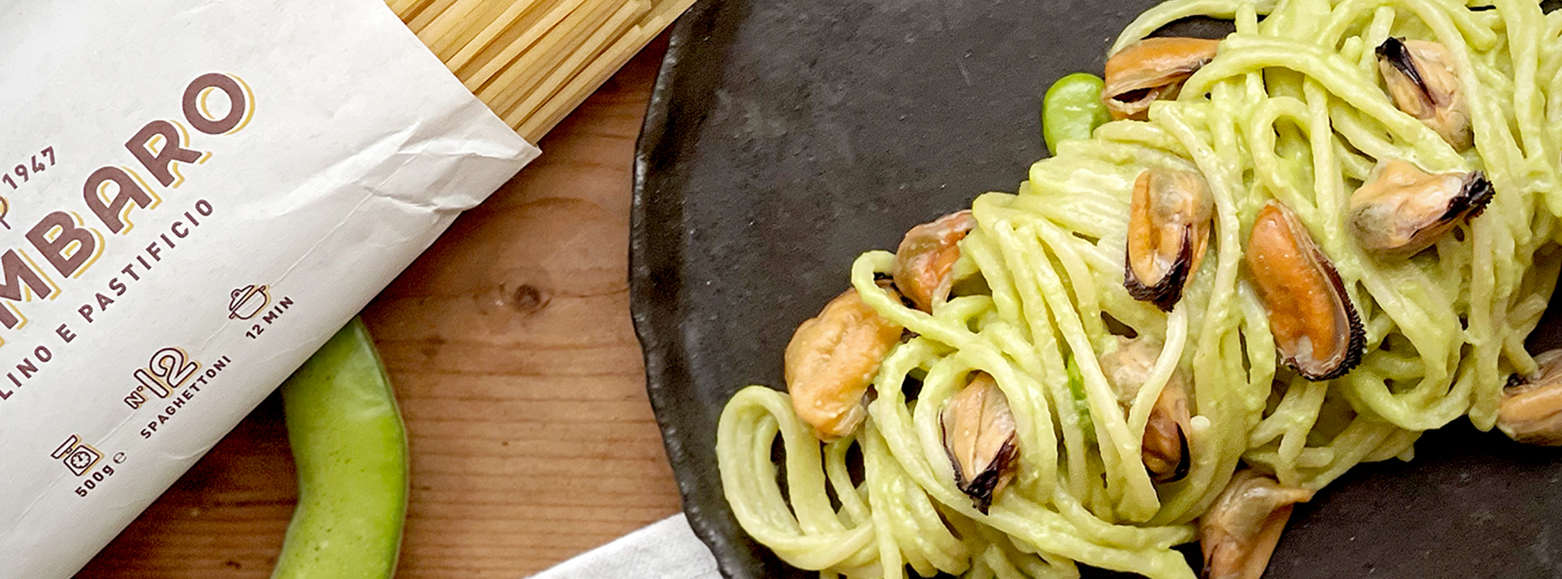 Spaghettoni Etichetta Gialla con fave e cozze