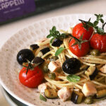 Spaghetti with aubergine, swordfish, olives, capers and confit cherry tomatoes